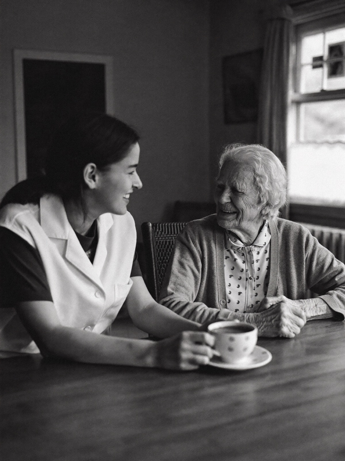 Ehrenamtliche im Gespräch mit einer älteren Dame bei einer Tasse Kaffee